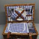 Wicker Picnic Basket Set for 2 Persons with Waterproof Picnic Blanket and Large Insulated Cooler Compartment, Willow Picnic Hamper Basket with Cutlery Service Kits for Camping, Wedding (Red) (Blue)