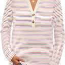 MEROKEETY Women's Fall Long Sleeve Striped Henley Tops V Neck Dressy Casual Loose Shirt 2025 Trendy Blouse (M)