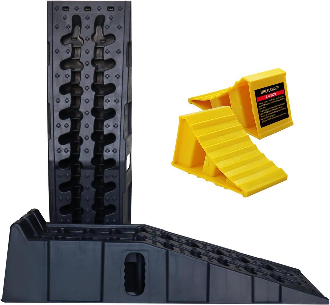 Car Ramps for Oil Changes Lift 6.7'', Vehicle Maintenance Portable Anti-Slip Ramp to Lift Cars Truck for Garage and RV Trailer Tire Change, with 2 Wheel Chocks for Safety (6.7" Lift+Wheelchocks)