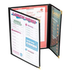 Menu Covers, Double Fold and A Half, 3 Pockets, 6 View, for 8.5" x 11" Letter Size Paper and 4.25" x 11" Paper, Pack of 6, Black Edging + Gold Metal Corner, Made with Leatherette & Vinyl