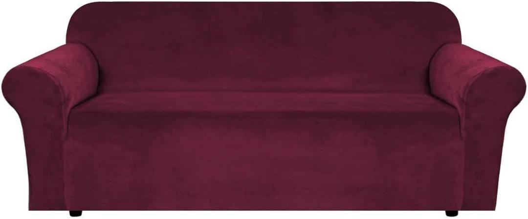 H.VERSAILTEX Stretch Velvet Sofa Covers for 3 Cushion Couch Covers Sofa Slipcovers Furniture Protector Soft with Non Slip Elastic Bottom, Crafted from Thick Comfy Rich Velour (Sofa 72"-90", Burgundy)