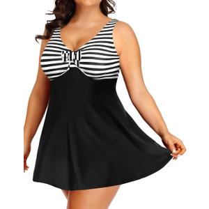 Daci Plus Size Two Piece Swimsuits for Women Flowy Tankini Swim Dress with Short Bathing Suits (Large, Striped)