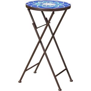 Merax Folding Outdoor Accent Table with Glass Top and Iron Frame 13"x22" Round Coffee Table Patio Side Table Decor, Elegant Mosaic Flower Pattern, Blue