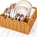 Hushee Wicker Utensil Caddy for Party, Silverware Caddy Paper Plate Holders 6 Compartment Scalloped Square Woven Cutlery Dispenser for Kitchen Countertop Outdoor Entertaining Picnic Buffet Coffee Bar