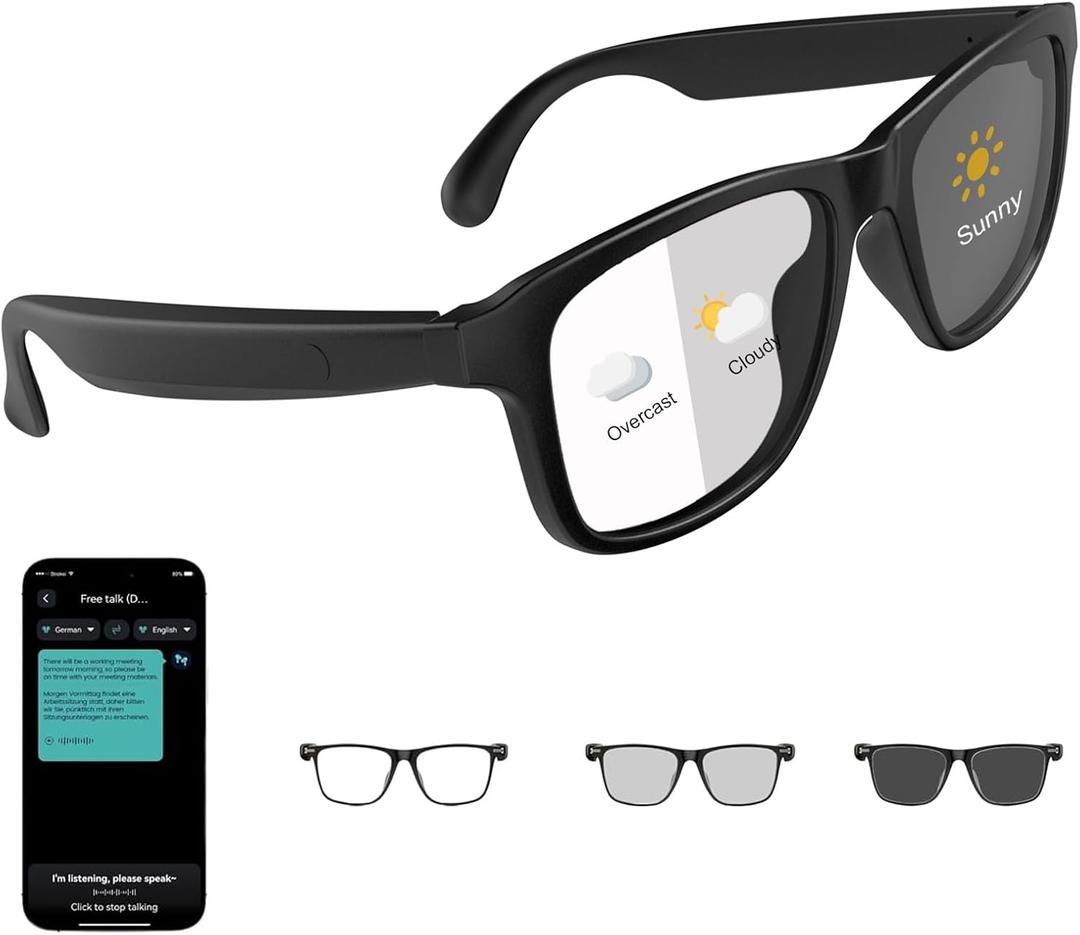 Translation Glasses Ai Smart Glasses for Women Men Bluetooth with Chat GPT 164 Language Color-Change Lens Clear Headphone with Speaker Sunglasses forTravel Meeting Trade Business
