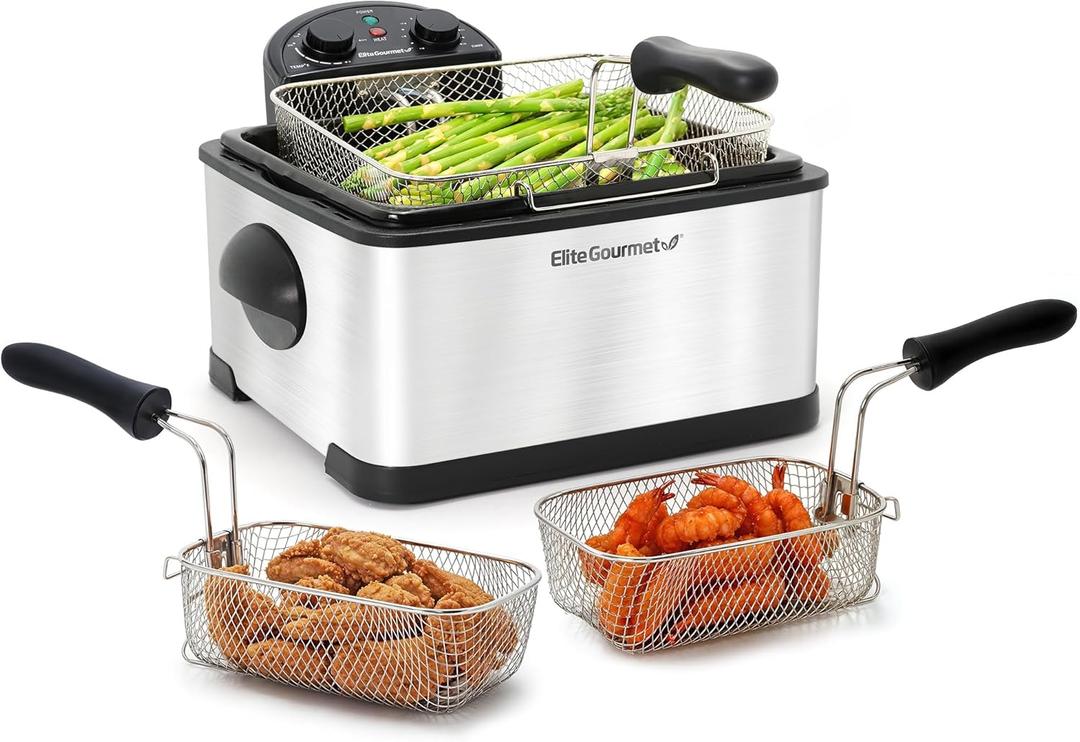 Elite Gourmet EDF-401T Electric 4.5 Qt. / 17 Cup Immersion Deep Fryer 3-Baskets, 1700-Watt, Timer Control Adjustable Temperature, Lid with Viewing Window and Odor Free Filter (Stainless Steel and Black) Elite Gourmet EDF-401T Electric 4.5 Qt. / 17 Cup Immersion Deep Fryer 3-Baskets, 1700-Watt, Timer Control Adjustable Temperature, Lid with Viewing Window and Odor Free Filter (Stainless Steel and Black)