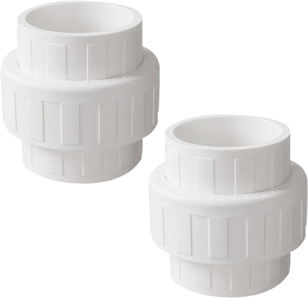 2 Pack 2" PVC Union Coupling Pipe Fitting (Socket x Socket), 2 inch PVC Slip Union Adapter Coupling Schedule 40, EPDM O-Ring, White SCH 40