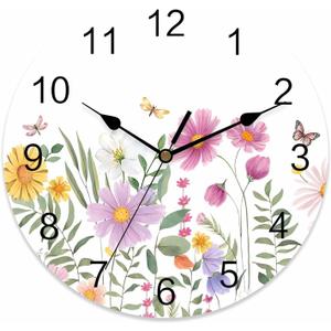 Wildflower Butterfly PVC Wall Clock Silent Non-Ticking Battery Operated Clocks, Spring Floral Round Clock for Home Living Room Office School Kitchen Bedroom Bathroom Wall Decor 10 Inch Summer Flowers (White)