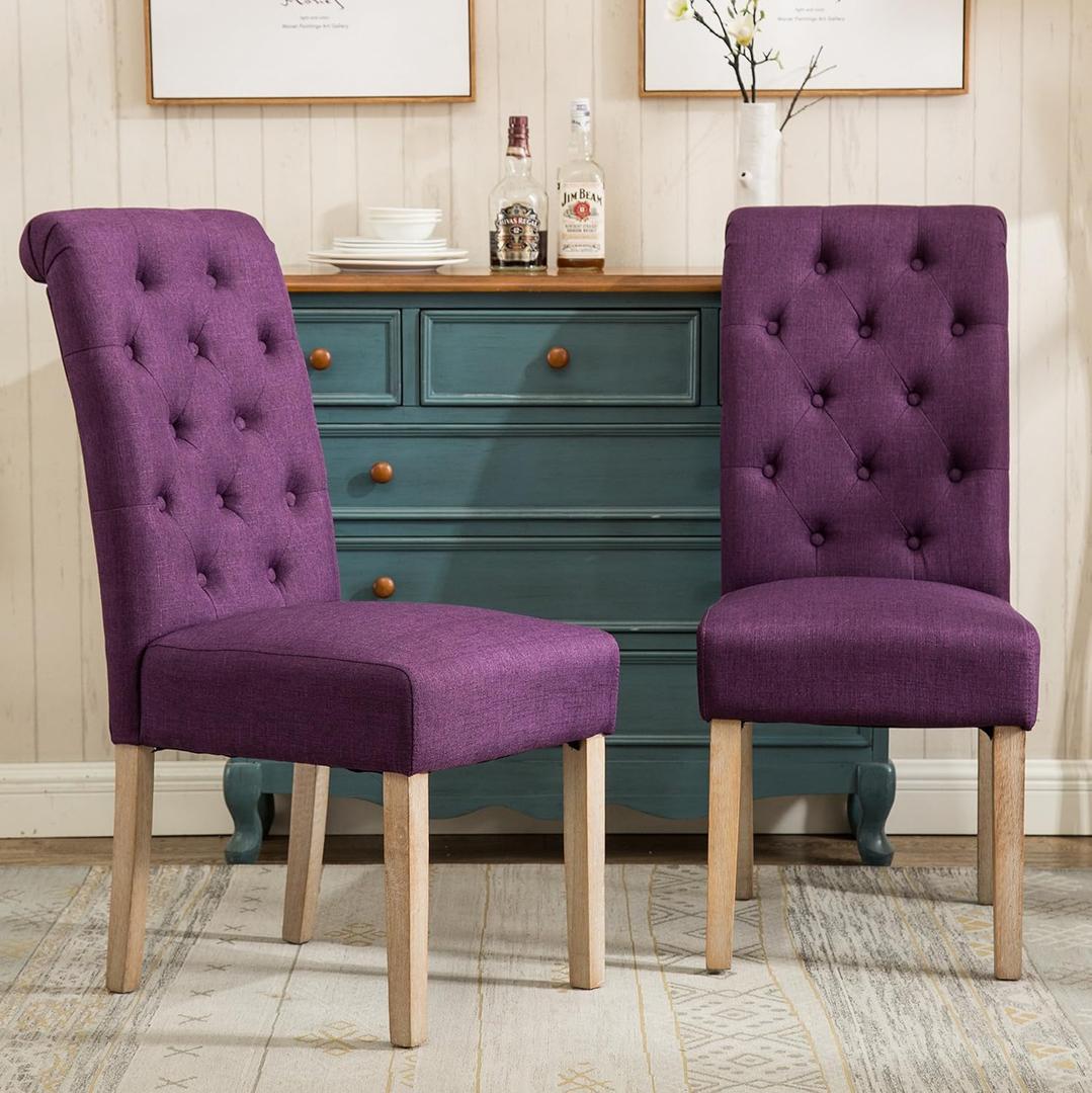Roundhill Furniture Habit Solid Wood Tufted Parsons Purple Dining Chair, Set of 2