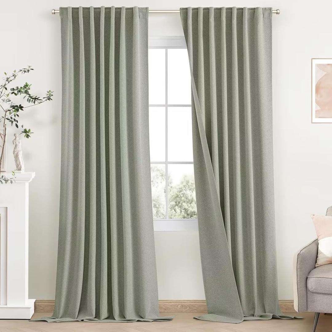 SimpleHome Sage Green Linen 100% Blackout Curtains for Living Room, 84 Inch Length Farmhouse Back Tab Textured Curtains for Bedroom, 2 Panels, 52" W x 84" L