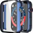 Misxi 2 Pack Hard PC Case with Tempered Glass Screen Protector Compatible with Apple Watch SE 2 (2024), SE Series 6, 5, 4 - 44mm, 1 Blue + 1 Transparent