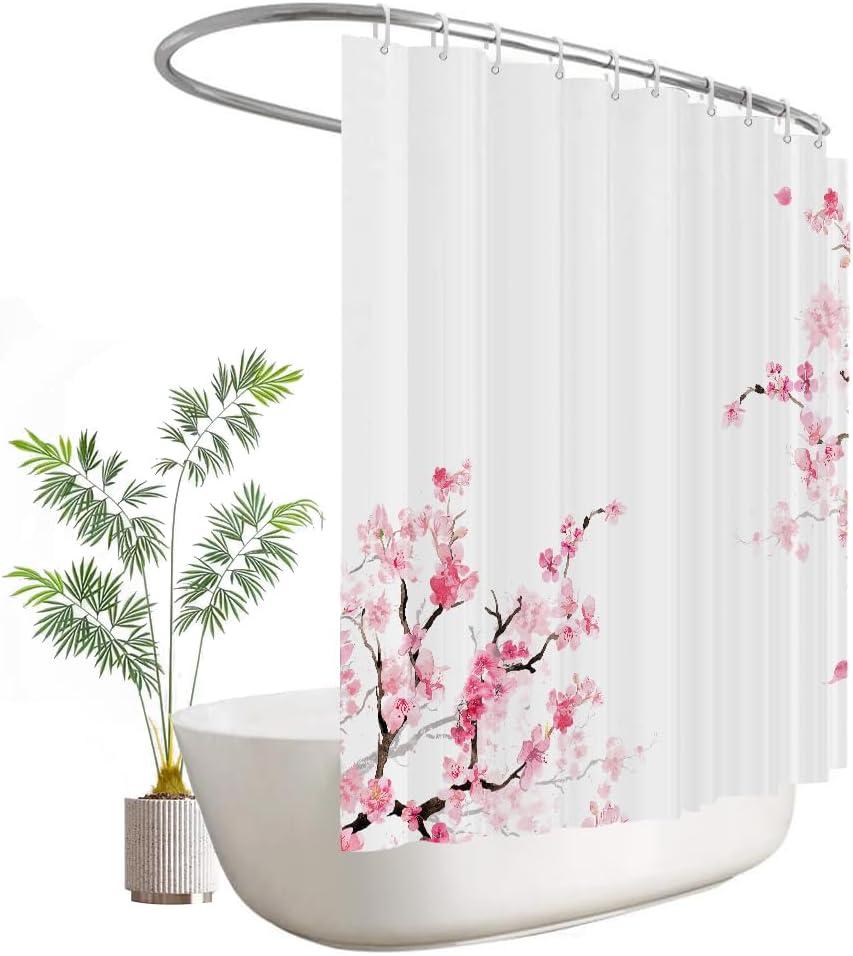 Extra Wide Shower Curtain Wrap Around Cherry Pink Floral 108''W x 72''L Flowers Plum Sakura Blossom Japanese Asian Style Polyester Fabric 18 Pack Plastic Hooks