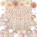 Boho Dusty Pink Birthday Decorations for Women Girls, Blush Beige Gold Metallic Printed Balloons Butterfly Stickers Fringe Curtain Happy Birthday Banner Circle Dots Garland Paper Pompom Party Supplies