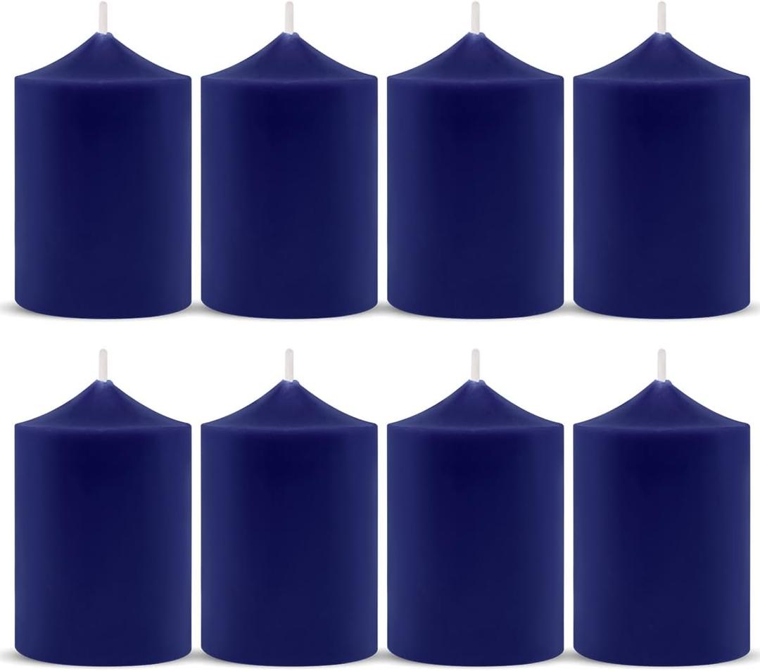 Set of 8 2x3 Inch Unscented Navy Blue Pillar Candles, Small Solid Colored Cylinder Candles for Home Emergency Power Outage - 24 Hour Burning