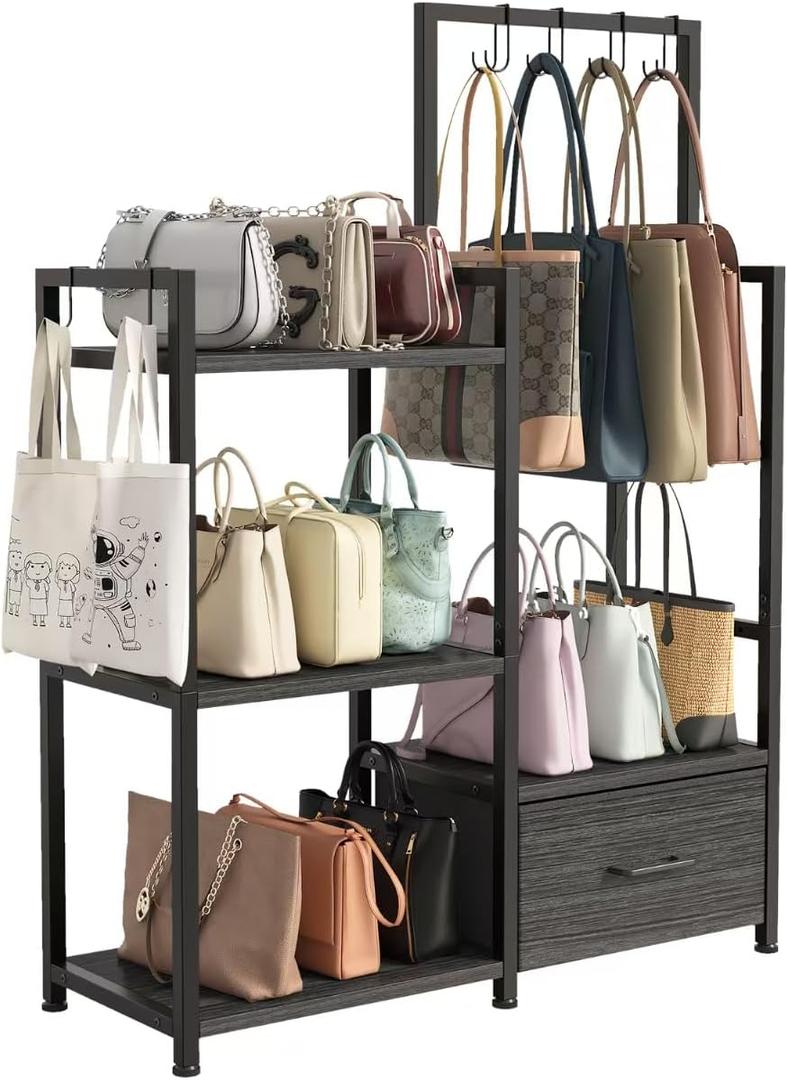 Handbag Organizer - 3 Tier Purse Storage Rack with Pull Out Drawer & 6 Hooks, High Capacity Handbag Holder Shelf, Metal Frame with Wood Shelves for Closet/Bedroom(Dark Grey)