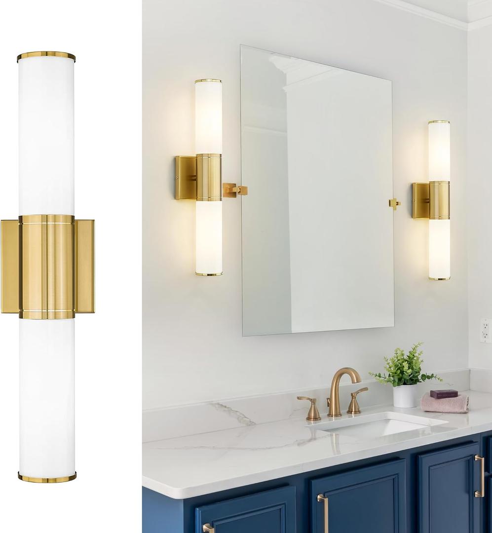 Bathroom Light Fixtures, 1-Light Vanity Lights for Mirror with Milk Glass Shade, Brushed Gold Wall Sconces Up and Down Wall Lamp for Bathroom Bedroom Hallway, VL834-BG-ML