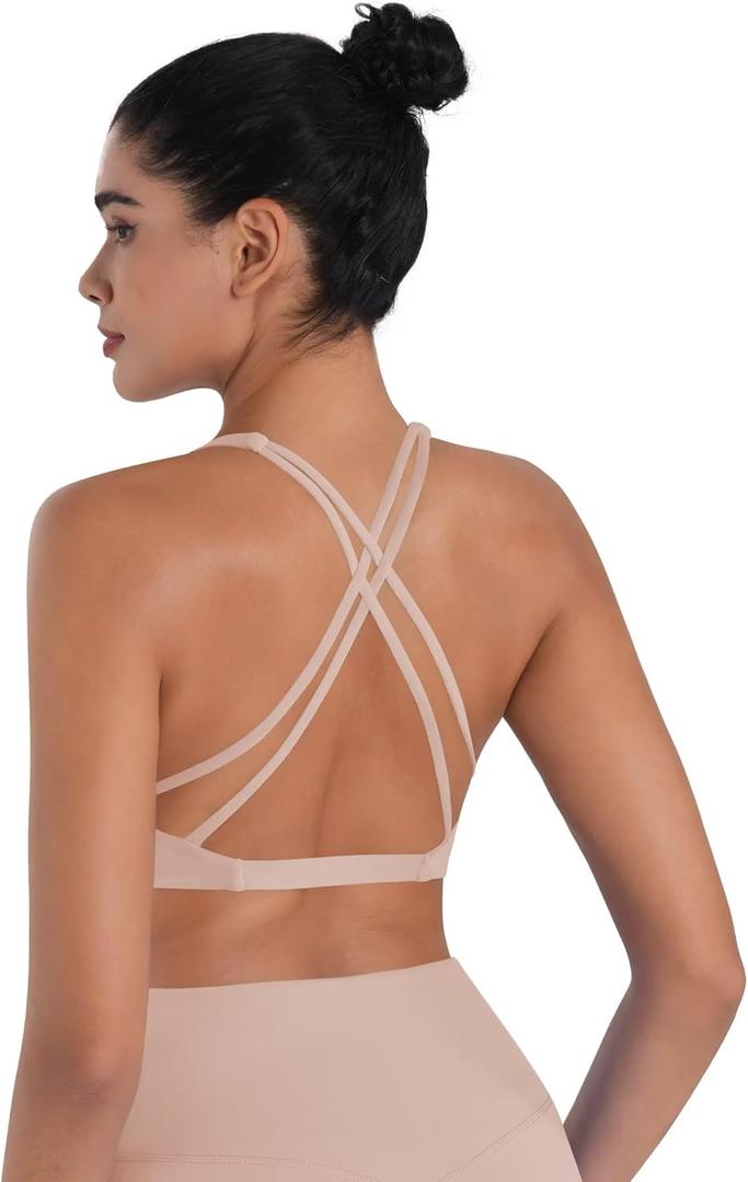 Sunzel Women's V-Neck Twist Sports Bra Low Impact with Removable Pads Cross Backless Straps Going Out Casual Padded Bralette (Large, Beige)