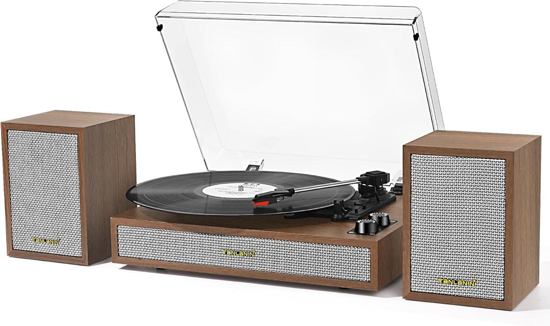Vinyl Record Player with External Bookshelf Speakers, 33-1/3 45 78 RPM Vintage Bluetooth Stereo Turntable for Vinyl Records,Belt-Driven System,Dust Cover,Auto-Stop, Support AUX/RCA, Tan Oak Finish