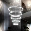 Modern LED Chandelier 5 Rings for Dining Room, Dimmable With Remote, Acrylic Luxury Foyer Lighting Fixture, High Ceiling Hanging Living Room LED Pendant Light (Medium,D23.6", Silver)