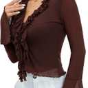 GORGLITTER Women's Sheer Mesh Tops Long Bell Sleeve Tie Front Vintage Ruffle Blouse Shirt (Large, Brown)