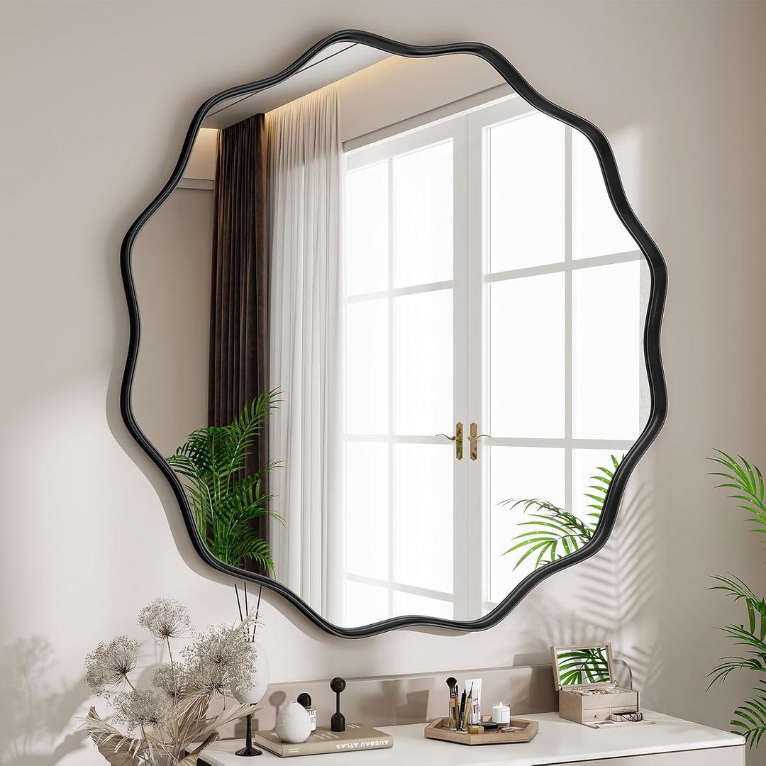 Round Wavy Mirror, 30 Inch Metal Frame Circle Mirror, Round Wall Mounted for Entryway, Bathroom, Vanity, Living Room, Black (30"L x 30"W)
