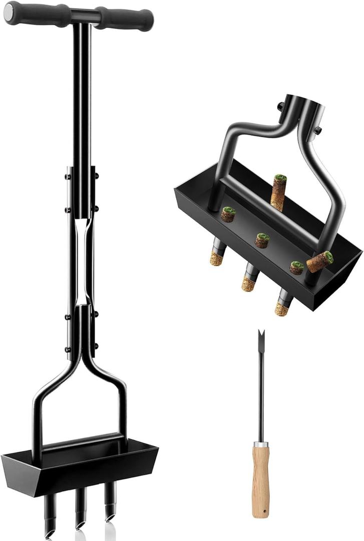 Lawn Aerator Tool with Storage Tray for Soil Core Yard Tools Lawn Care with 3 Tines & Clean Tool Lawn Plug Aerator for Compacted Soil Garden Yard Lawn Care