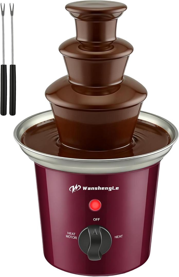 WanshengLe 3-Tier Mini Chocolate Fountain, 18oz Small Stainless Steel Chocolate Fondue Fountain, Detachable Chocolate Fondue Machine for Party Night, Dip Strawberries - Burgundy