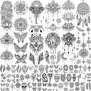 64 Sheets Tribal Vintage Black Lotus Temporary Tattoos for Women Girls, Bohemia Mandala Flower Fake Sleeve Tattoos for Adults Owl Moon