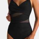Women Mesh One Piece Swimsuit Tummy Control Sexy Bathing Suits V Neck Push Up Swimsuits Slimming Swimwear (Black, L)