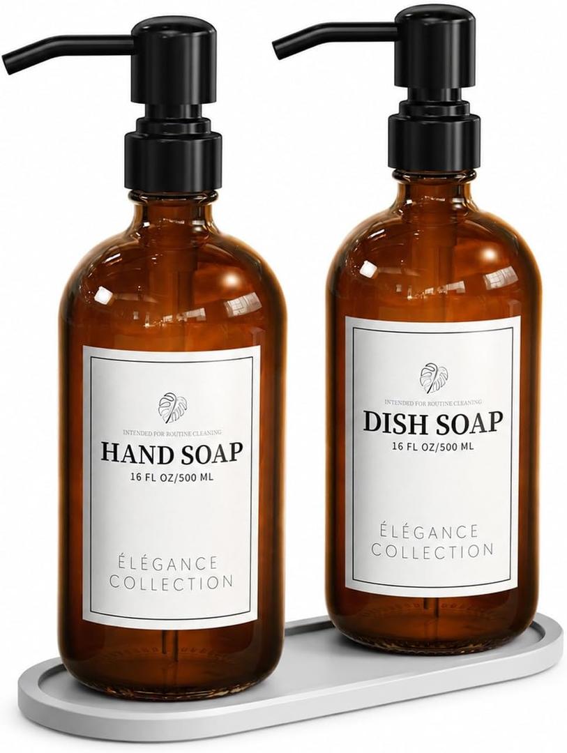 Fachixy Amber Glass Soap Dispenser (2 Pack), 16 Fl Oz Hand & Dish Soap Dispenser Bottles Set with Leak-Resistant Stainless Steel Pump, Non-Slip Pad, 14 Waterproof Labels for Kitchen and Bathroom