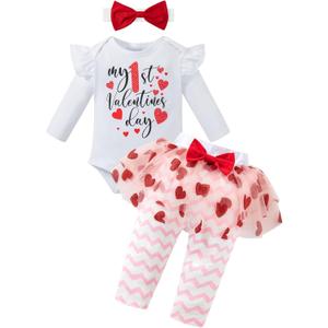 MOMMY'S NEW MAN Newborn Baby Girl My First Valentines Day Outfit Infant Long Sleeve Romper Heart Culottes Pant Set (3-6 Months, Pink)