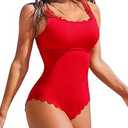 Charmo Womens Scalloped Ribbed One Piece Swimsuits Retro Square Neck Modest Bathing Suits, Medium