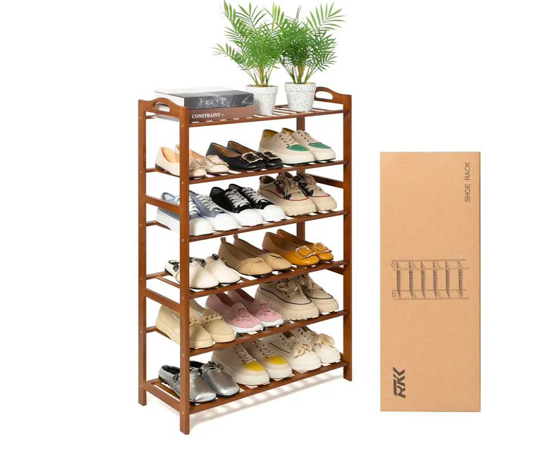 Shoe Rack for Front Door Entrance, Bamboo Shoe Rack for Closet Shoe Organizer Closet Organizers and Storage Shelves (Brown, 6 Tier)