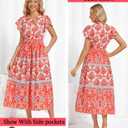 Women's Summer Boho Flowy Swing Tiered Long Maxi Vacation Dresses with Pocket Red Bohemia L