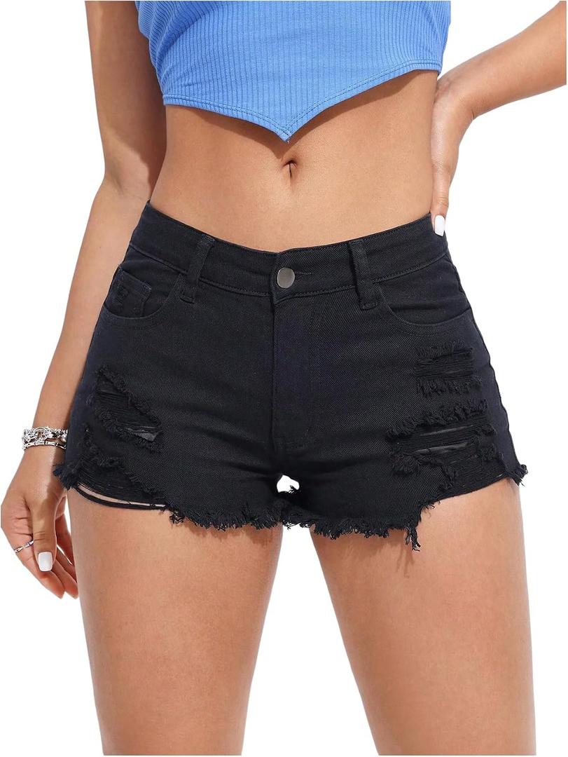 Verdusa Womens Shorts Jeans Y2k Outfits Summer Vintage Low Rise Ripped Distressed Skinny Mini Denim Shorts, M