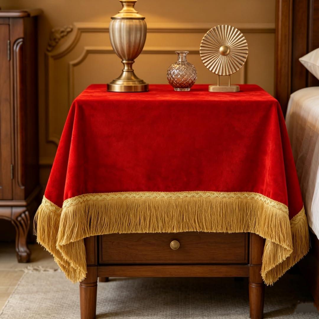 F-CHU Luxury Red Velvet Nightstand Cover with Gold Tassel Fringe, Decorative Bedside Table Cloth, Dust-Proof Dresser Scarf for Bedroom Nightstand, Side Table, Dresser, Home Decor 36 x 36 Inch