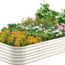 Quictent Galvanized Raised Garden Bed Kit Tall, 6x3x1.5 ft Oval Large Planting Box Rubber Strip Edging, for Vegetables Outdoor Strengthened by Crossbar (Beige)