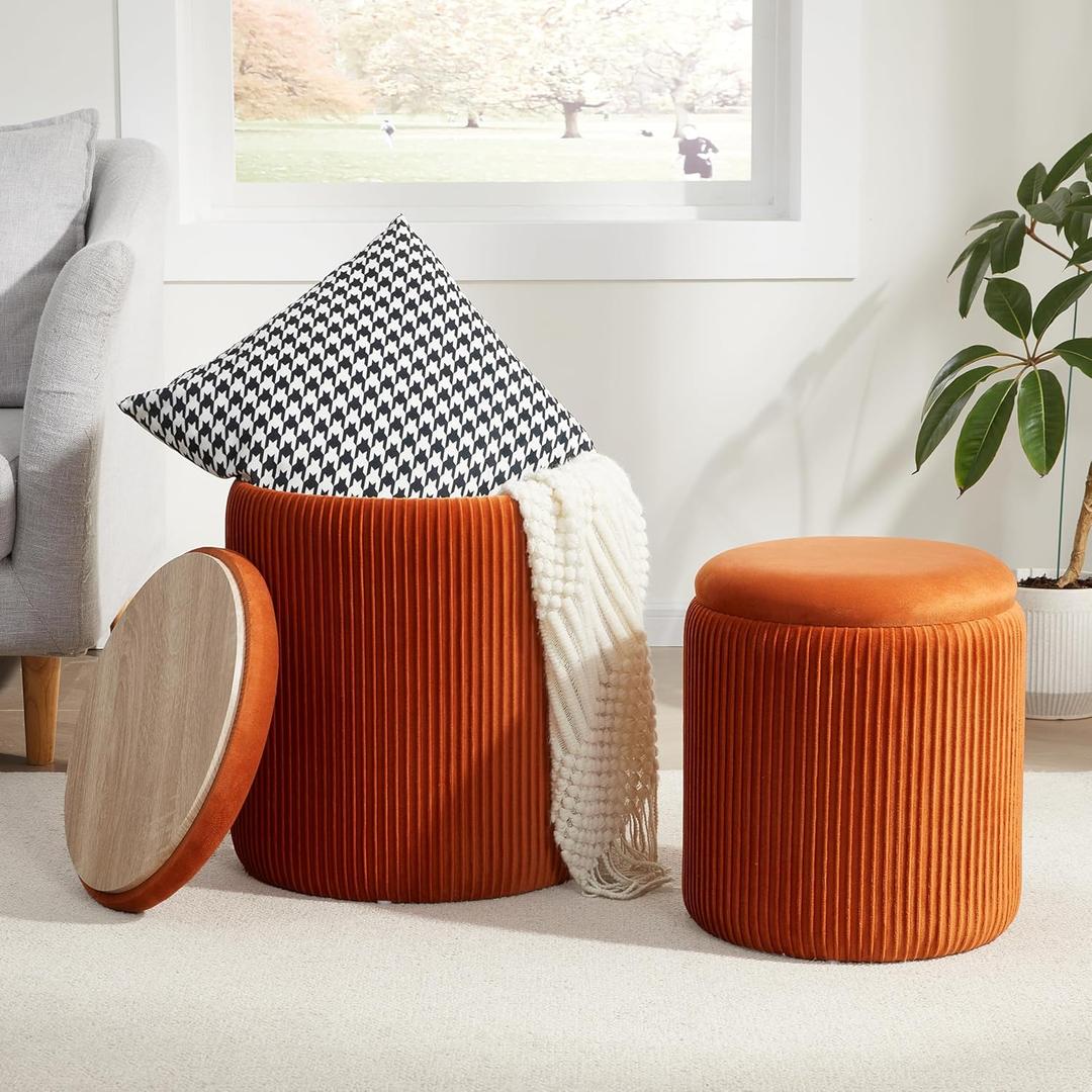 Round Ottoman with Storage Set of 2, Storage Vanity Stool, 15.4"D x 15.4"W x 17.7"H