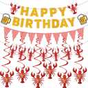 Crawfish Boil Birthday Party Decorations,Glitter Gold Happy Birthday Banner with Hanging Swirls for Lobster Seafood Boil Themed Party Decor Supplies