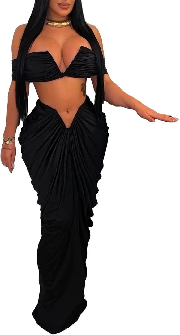Tcremisa Women's Sexy Summer 2 Piece Vacation Outfits Stretch Off Shoulder Tube Top and Long Ruched Skirts Suit Set (Black), Small