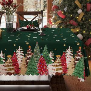 Christmas Tablecloth 60x60 Inch Rectangular, Christmas Trees Winter Snowman Washable Table Cover for Party Picnic Dinner Decor, Green