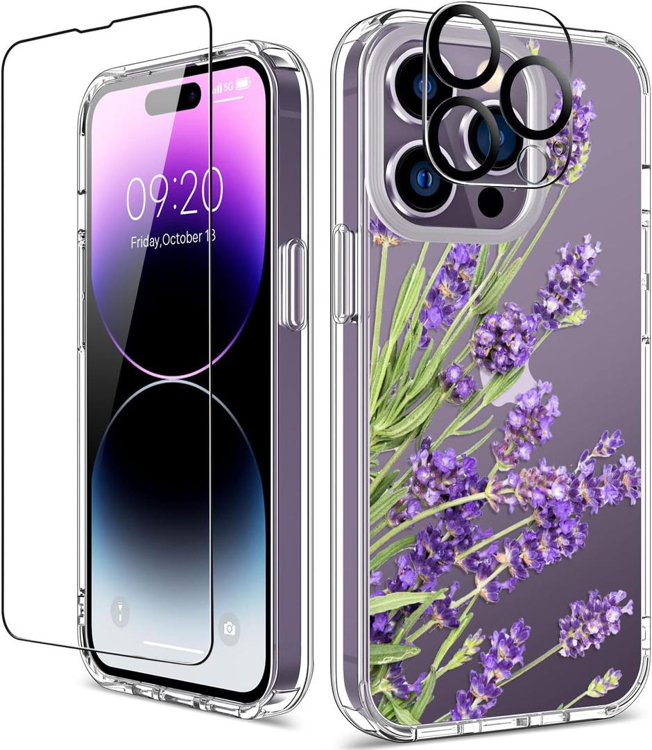 GiiKa for iPhone 14 Pro Max Case with Screen Protector, 6.7" Clear Full Body Shockproof Protective Floral Girls Women Hard Case with TPU Bumper Cover Phone Case for iPhone 14 Pro Max, Purple Flowers