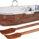 Godinger Wood Lined Boat Bowl with Salad Server, Silver