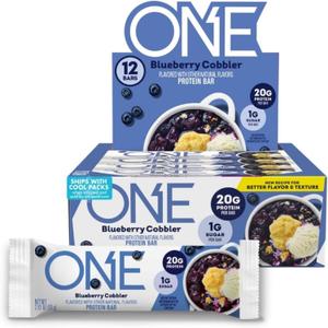 ONE Protein Bars, Blueberry Cobbler, Gluten Free with 20g Protein and 1g Sugar, Pantry Staples, 2.12 oz (12 Count) Best By: 12/2025