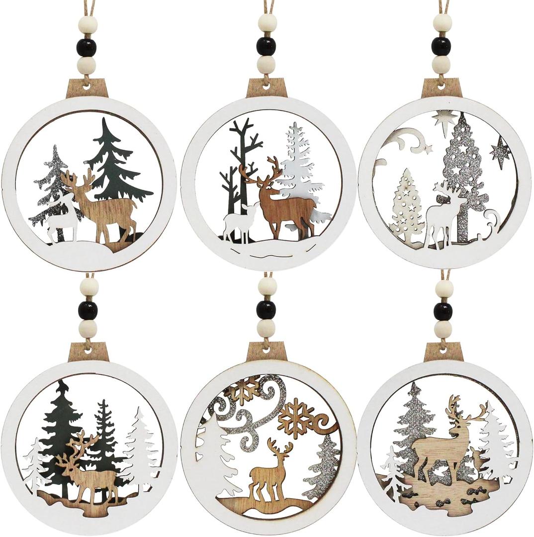 JOIEDOMI 6 Pcs Christmas Wooden Ornaments, Christmas Farmhouse Rustic Reindeer, Hanging Wood Ornaments for Winter Holiday Indoor Decor, Xmas Tree Decorations