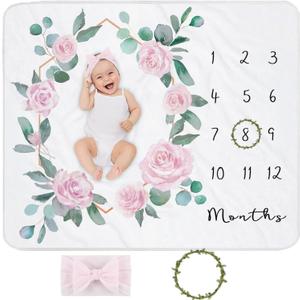 Baby Monthly Milestone Blanket for Baby Girl, Newborn Age Months Blanket Photo Prop with Growth Chart, Floral Wreath & Headband