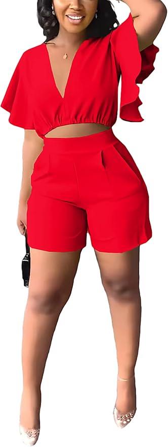 Fooullaide Womens Summer Piece Outfit Set Crop Top Butterfly Sleeve, red, Size large