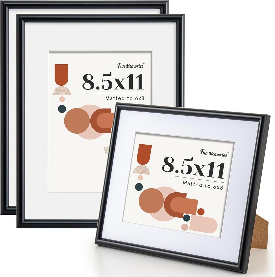 8.5x11 Picture Frame (Set of 3), 8.5x11 Photo Frames with 6x8 Removable Mat, High Definition Plexiglass, Vertical and Horizontal Display, Wall Hanging Photo Frame, Black