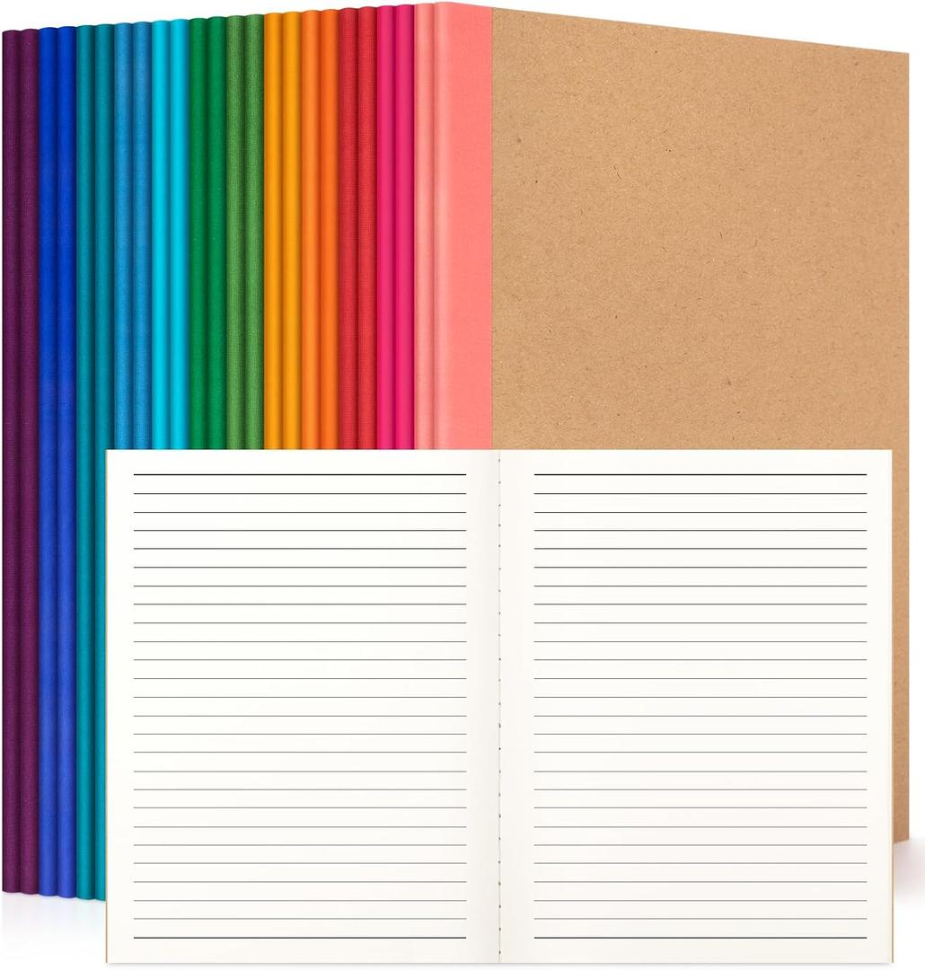 24 Pack Lined Notebook Journals Bulk, 7-1/2" x 9-3/4", Wide Ruled Paper, 30 Sheets/60 Pages, Kraft Cover with Rainbow Spines, 12 Colors Lined Composition Notebook Journal for Work Study Note Taking