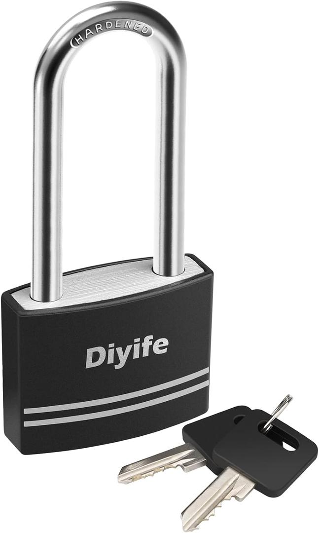Diyife [Upgrade Version] Aluminum Padlock With Key - Waterproof Long Shackle Lock With 2 Keys for School, Gym Locker, Office, Fence, Outdoor and Indoor (Black)